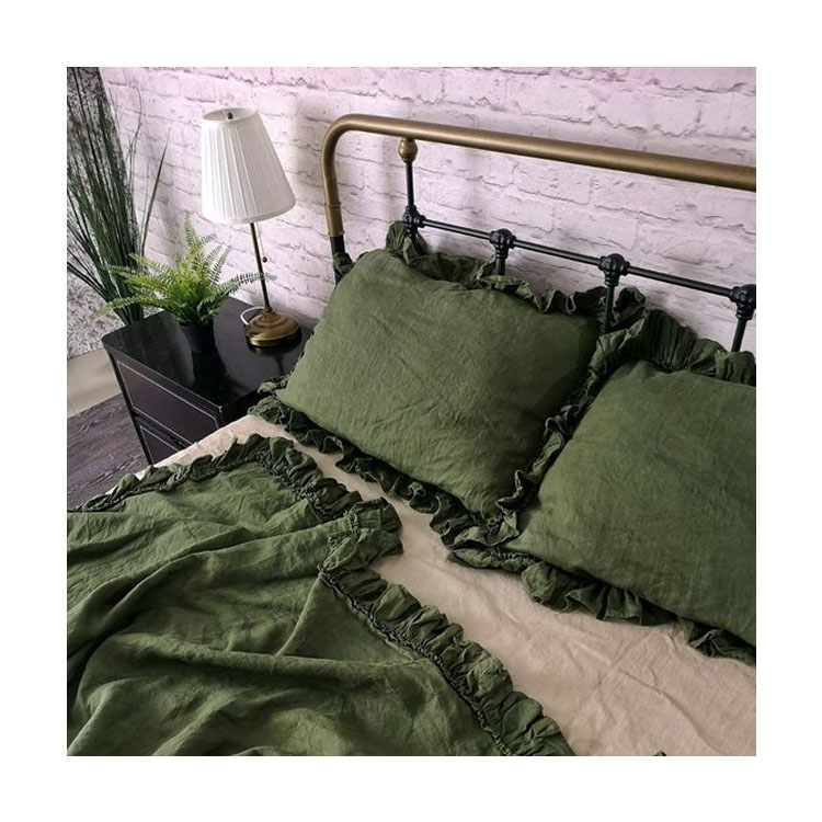Ensemble de draps en lin à volants vert armée