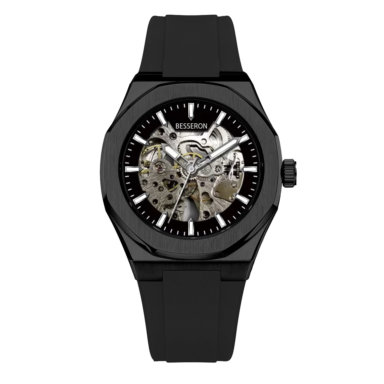 Black automatic watch with rubber band