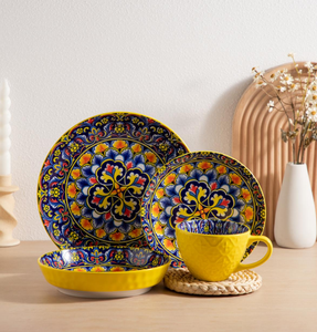 Service de table en céramique LOMATO jaune vif, imprimé floral mandala bohème, 18/24/36 pièces, texture en relief, tasses à café, assiettes - Product Image 3