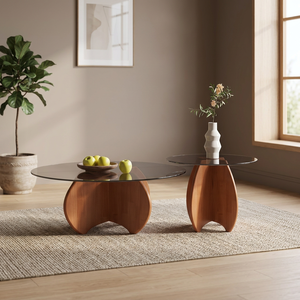 Ensemble de tables basses rondes modernes en verre trempé, design emboîtable, base en bois, meubles de salon de style mid-century - Product Image 1