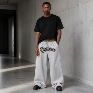 Pantalon de survêtement personnalisé OEM/ODM 100 % coton épais, en molleton uni avec patchwork, coupe empilée - Product Image 1