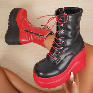 Bottes pour femmes, couleur contrastée, fermeture éclair latérale, petite plateforme, mi-<span class=keywords><strong>mollet</strong></span>, nouvelle taille grande, semelle épaisse, plateforme, bottes européennes et américaines - Product Image 3