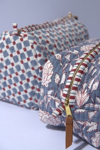 Hot Sale Hand <b>Block</b> Printed Toiletry pouch Blue Ladies Cotton toiletry Bag Set YKK Brass Zippers Classic Durable - Product Image 4