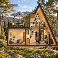 Cabane modulaire préfabriquée en forme de A, maison de glamping en WPC avec balcon et terrasse, étanche, installation rapide pour villas de villégiature en plein air