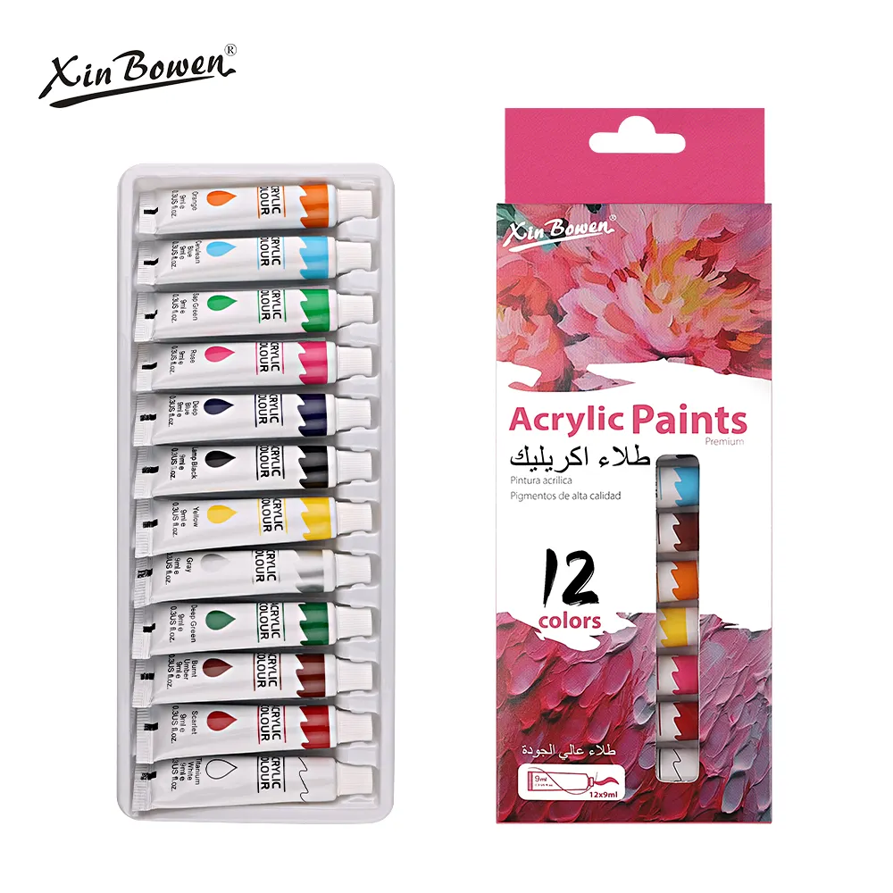Xinbowen Custom Acrylic Canvas Painting 9ml 12ml Rich Pigments 12colors Art Craft Acrylic Paint Set