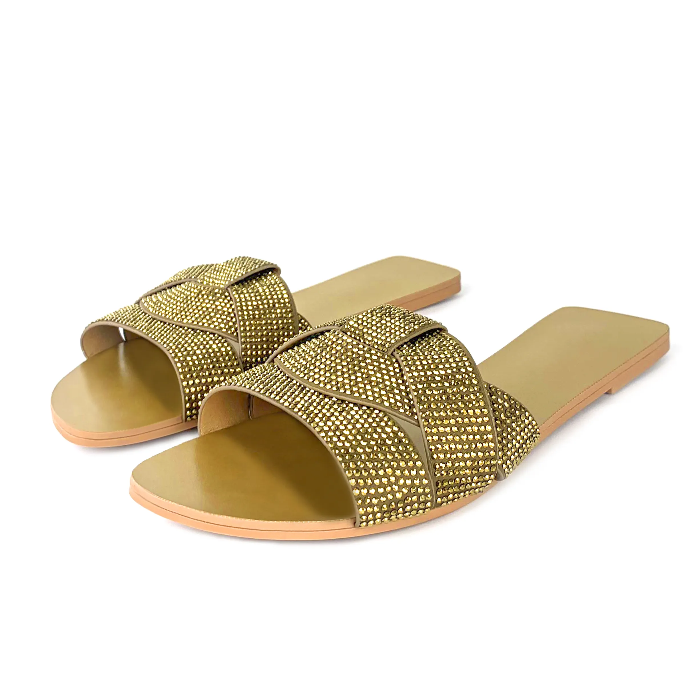 Custom gold braid leather shiny designer shoes sandal for women and ladies flat slipper shoes luxury femmes fashion
