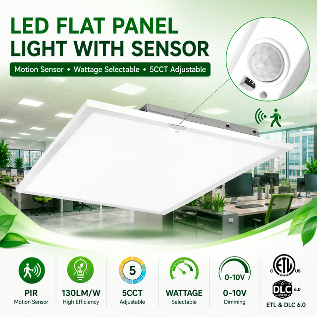 LED Flat Panel Light with PIR Motion Sensor 2x2 1x4 2x4 5CCT Tunable Recessed Ceiling Light ETL/DLC Listed Office Troffer Light