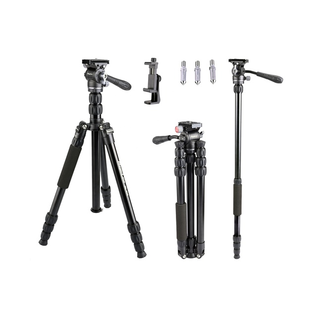 2-in-1 Video Tripod Monopod with Mini Fluid Head Portable Aluminum Camera Tripod Ideal for Travel, Video, Vlogging