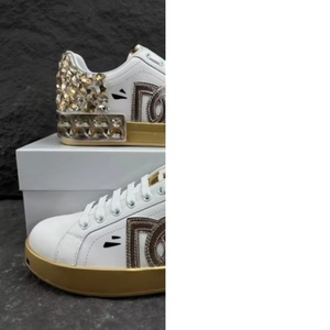 White Gold Rhinestone Decorated Sneakers, Men/<b>Women</b> Luxury Bling Casual Skate Shoes, Logo Embossed Thick Sole <b>Trainers</b> - Product Image 1