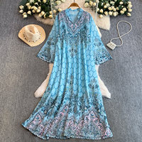 Robe Abaya longue pour femmes musulmanes, style vintage, avec imprimé transfert strass, col en V, manches évasées, coupe ample