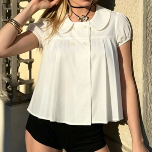Peter Pan Collar A Line Short Sleeve Short Blouse Loose Fit Versatile Solid Color T Shirt Top for Women - Product Image 2