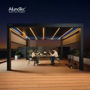 AlunoTec al aire libre impermeable Gazebo Pérgola de aluminio Sistema de techo de apertura con persianas bloqueadoras solares