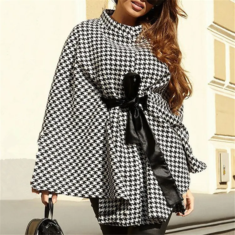 2022 winter clothes for women Houndstooth Wool Loose Lace-Up Cape Coat outdoor jackets