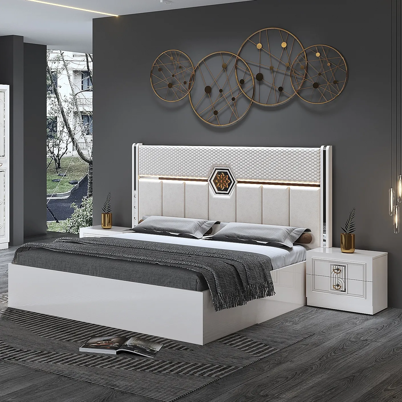Cama King líder, mueble moderno de habitación doble, conjunto de cama de madera, muebles a la venta