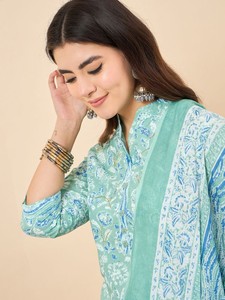 Mujeres motivos étnicos impresos Kurta de algodón puro regular con pantalones Harem y con Dupatta para mujeres ropa de mujer personalizada - Product Image 3