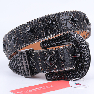 Ceinture en cuir PU à boucle épaisse pour hommes, accessoire de luxe de haute qualité et robuste, motif crocodile, cloutée et ornée de strass de 5MM - Product Image 1