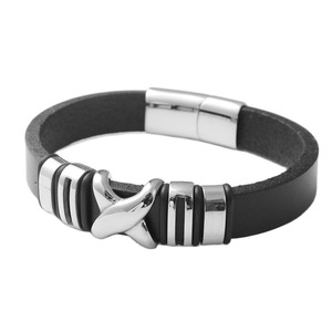 Black <b>Leather</b> <b>Bracelet</b> With Titanium Steel Bowknot Design Unisex Fashion Jewelry Gift 17022 - Product Image 1