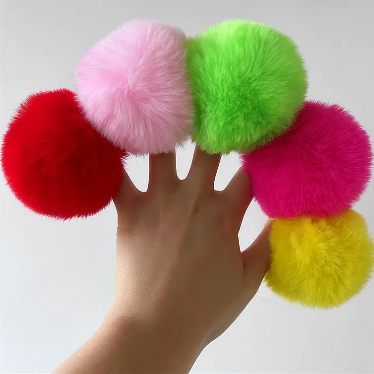 Factory Wholesale DIY 8cm faux Rex Rabbit Fur Ball pompom for keychains bags hats and scarf pom pom