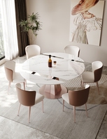 Table à rallonge Hanyee en marbre rose, ensemble de 6 chaises, mobilier moderne simple en acier inoxydable et métal doré, table ronde