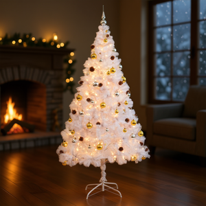 ต้นคริสต์มาสประดิษฐ์สีขาวพร้อมไฟประดับ 7 ฟุต พร้อมลูกบอลประดับ ไฟ LED สีขาวอบอุ่น ต้นไม้ตั้งพื้นสำหรับตกแต่งภายใน - Product Image 2