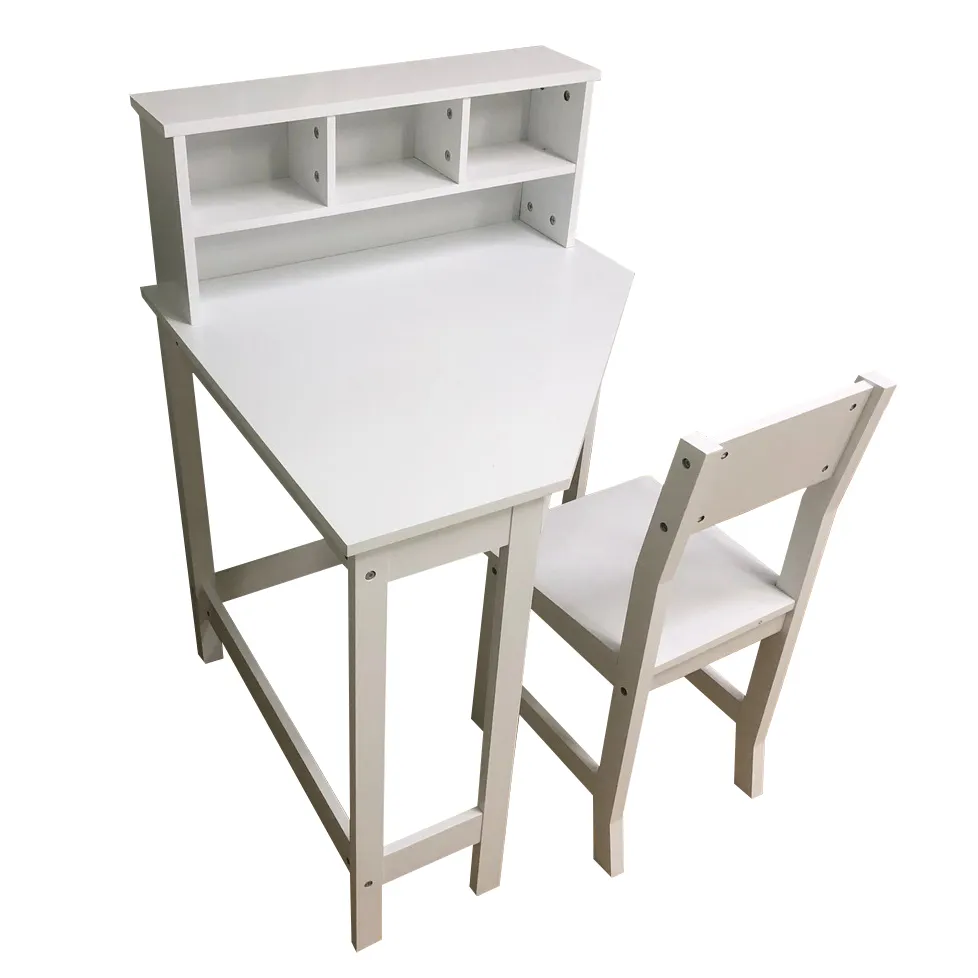 Mesa de estudio esquinera de madera blanca para niños, mesa de estudio y silla con juegos de sillas