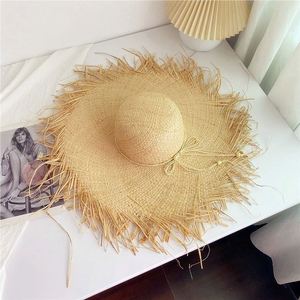 Raffia Straw <b>Hat</b> Large Brim Woven Sun <b>Hat</b> Summer <b>Flat</b> Top Flutter Tie Seaside Vacation Sun <b>Hat</b> - Product Image 1