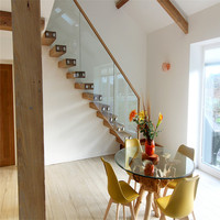 Ace Kit d'escalier en bois en forme de L Tuiles d'escalier Contrôleur Led moderne Éclairage Rail de verre Escalier flottant Escalier flottant