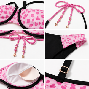 Pink Heart Print Halter <b>Bikini</b> Set Underwire Swimwear Beaded <b>String</b> Beachwear for Women - Product Image 4