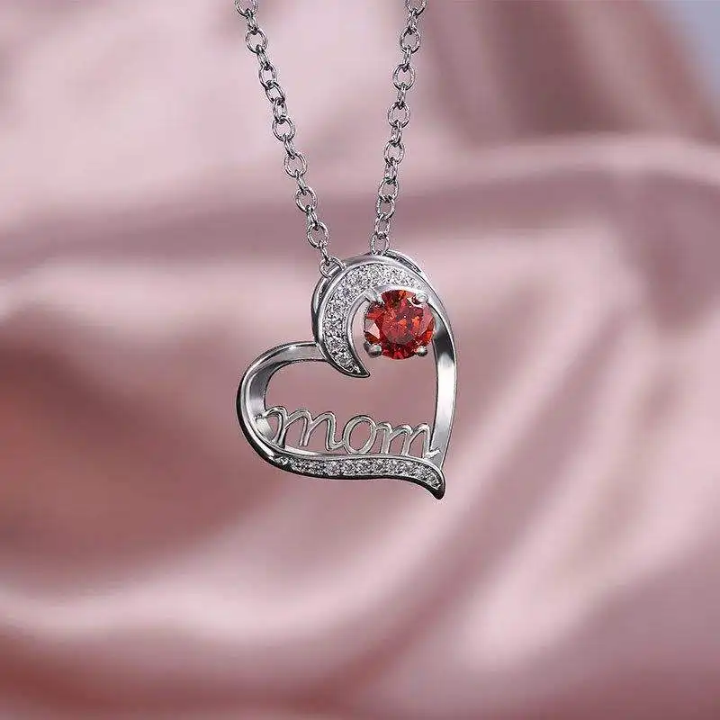 Mother'S Day Gift Colorful Cubic Zircon Heart Shape Rhinestones Mom Pendant Necklace For Women