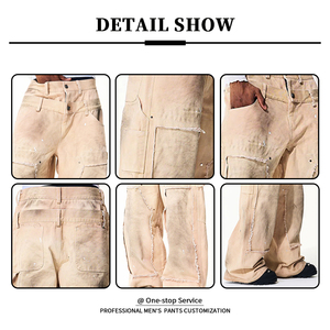 YUCE OEM Venta al por mayor Jeans <span class=keywords><strong>de</strong></span> hombre <span class=keywords><strong>de</strong></span> doble cintura, <span class=keywords><strong>de</strong></span> lona deshilachada, con lavado desgastado, <span class=keywords><strong>de</strong></span> sarga, estilo carpintero, holgados y desgastados - Product Image 4