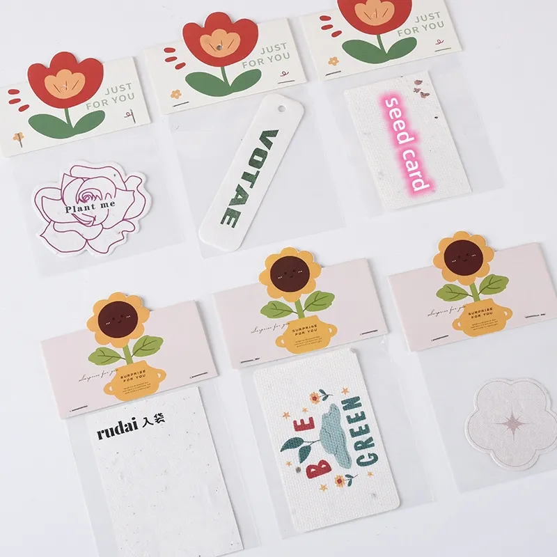 Cartão de agradecimento feito a mão com sementes de flores silvestres, papel para plantar, logotipo impresso