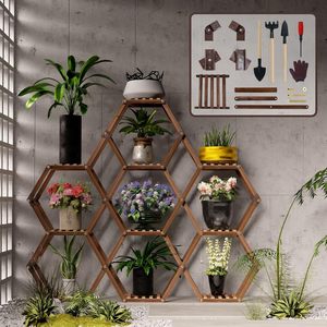 Support de plantes hexagonal d'intérieur pour plusieurs plantes, grand étagère à plantes en bois d'extérieur, support pour 10 pots, support à fleurs pour patio - Product Image 4