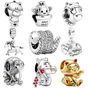 New 925 Sterling Silver Cactus Horse Bird Bull Snake Lucky Cat Lovely Beads Fit Original Brand Charms DIY Bracelet Fine Jewelry
