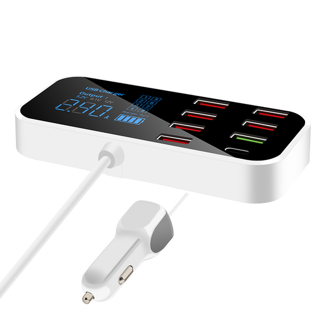 Multiple 8 Port Car Fast Charger USB Power Splitter Socket USB 3.0 Hub Quick Charger LED Display Digital Voltmeter Dock Station