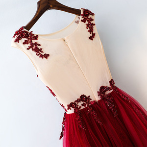 Burgundy Evening Gown Scoop Neck Floral Print Tulle Skirt Long Dress For Reunion Events - Product Image 3