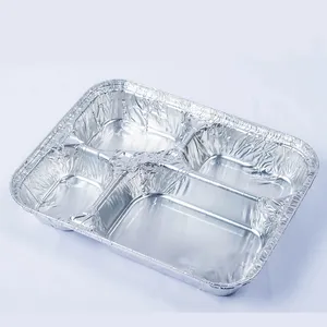 Kotak makan siang kartu wadah makanan Aluminium Foil sekali pakai 4 kompartemen 750ml paket makanan Ningbo baki Aluminium penuh keriting 35mm