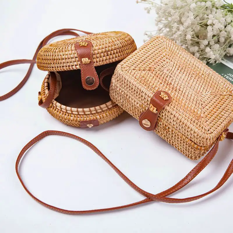 Vip Unique Antique Travel Gifts Leather Straps Natural Handwoven Round Rattan Bag Crossbody Shoulder Bags