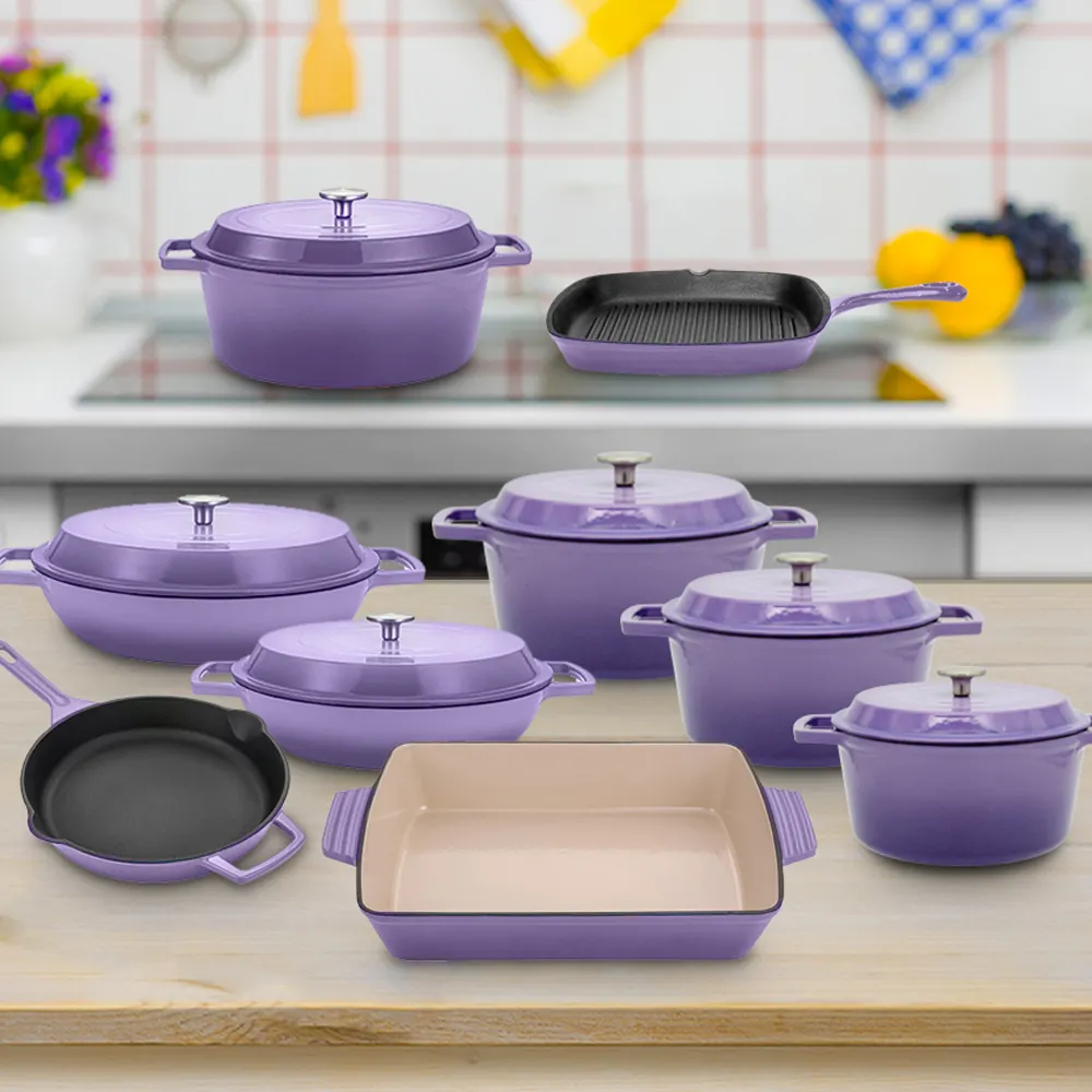 明るい家庭用品紫の調理鍋セットカスタマイズされた調理器具鋳鉄鍋とフライパン焦げ付き防止エナメル鋳鉄調理器具セット