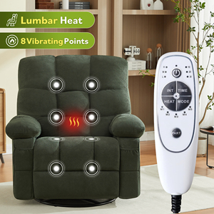 Fauteuil inclinable pivotant moderne en tissu avec pieds en bois et métal, massage, vibration, chauffage lombaire, pour adultes, capacité 350 LBS, canapé simple surdimensionné - Product Image 6