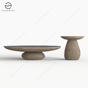 Table basse en pierre minimaliste, design rond moderne, meubles de salon faits à la main - Product Image 2