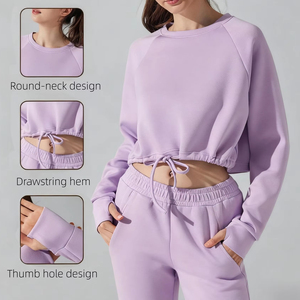 Conjunto Deportivo de <span class=keywords><strong>2</strong></span> Piezas para Mujer, Sudadera Corta con Cuello Redondo y Cordón Ajustable, Puños con Orificios para Pulgares, Pantalones Deportivos de Cintura Alta - Product Image 1
