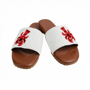 Sandales d'été rétro en cuir marron à bout ouvert avec motif crabe brodé blanc – Chaussures personnalisées très prisées - Product Image 1