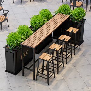 Juego de sillas modernas de madera <span class=keywords><strong>y</strong></span> plástico anticorrosión, taburete alto <span class=keywords><strong>para</strong></span> exteriores <span class=keywords><strong>y</strong></span> mesa larga <span class=keywords><strong>para</strong></span> el hogar, café, té o tiendas de té con leche - Product Image 2