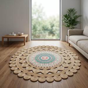 Alfombra Redonda de Yute con Medallón Bohemio, Hecha a Mano, Antideslizante, de Pelo Corto, para Sala de Estar, Decoración del Hogar - Product Image 2