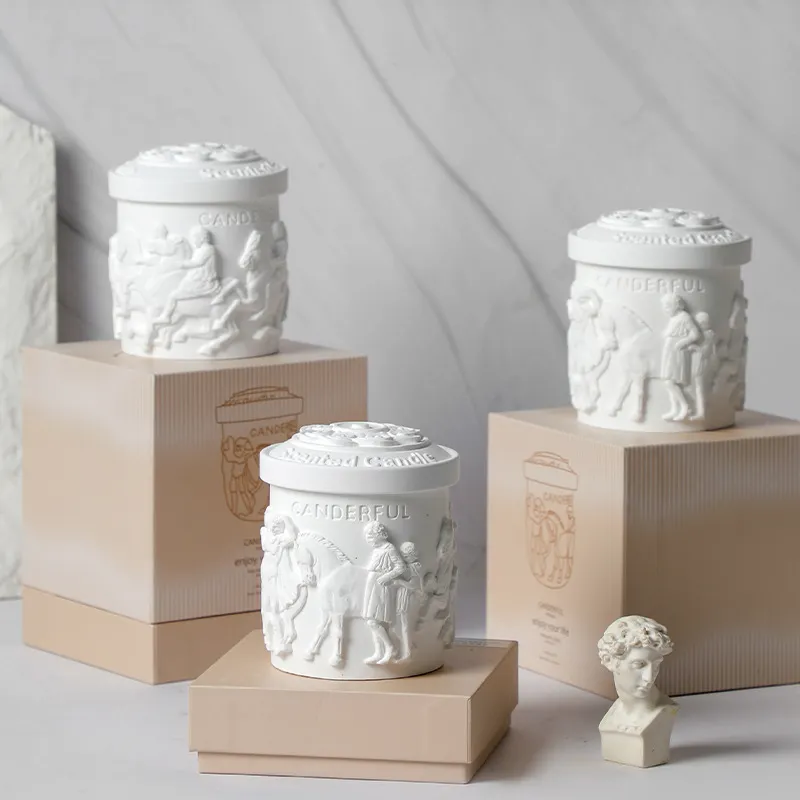 Wholesale Private Label Romanesque style Embossed Sculpture White Jar Soy Wax gypsum Scented Candle With Lid