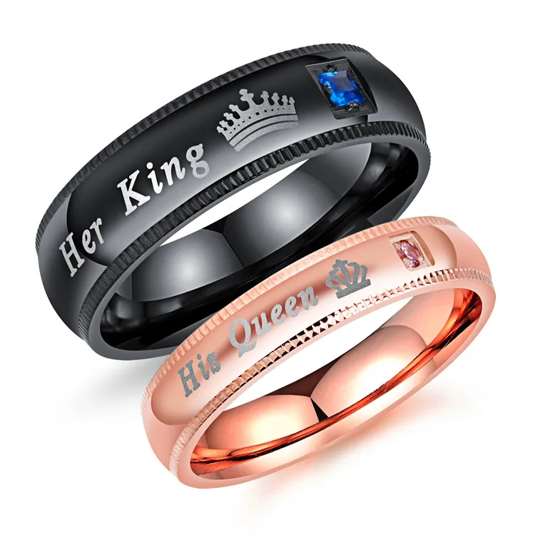 फैशन युगल अंगूठी स्टेनलेस स्टील आभूषण ब्लैक उसका किंग गुलाबी उसकी रानी हीरे की अंगूठी सगाई और शादी की अंगूठी के लिए उपहार
