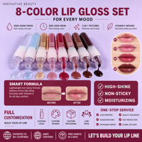 Lot en gros de 8 couleurs de gloss à lèvres scintillant, kit de rouge à lèvres végétalien brillant avec logo personnalisé OEM pour le maquillage