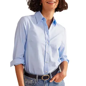 Tailored solid button-down shirts office blouse Popular Large Size Pure cotton Stylish long sleeve top for women