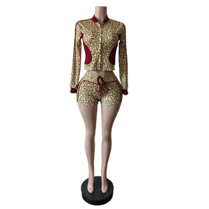 Casual Stretch <span class=keywords><strong>Leopard</strong></span> In Hai Mảnh Ngắn Thiết Lập Với Cardigan Crop Top Sweatershirt Và Chặt Chẽ Cao Eo Quần Short - Product Image 6