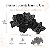 Applique en dentelle florale noire, garniture brodée de fleurs et de feuilles pour robes, gowns, hauts, chemisiers, pièce de décoration de mode à coudre soi-même